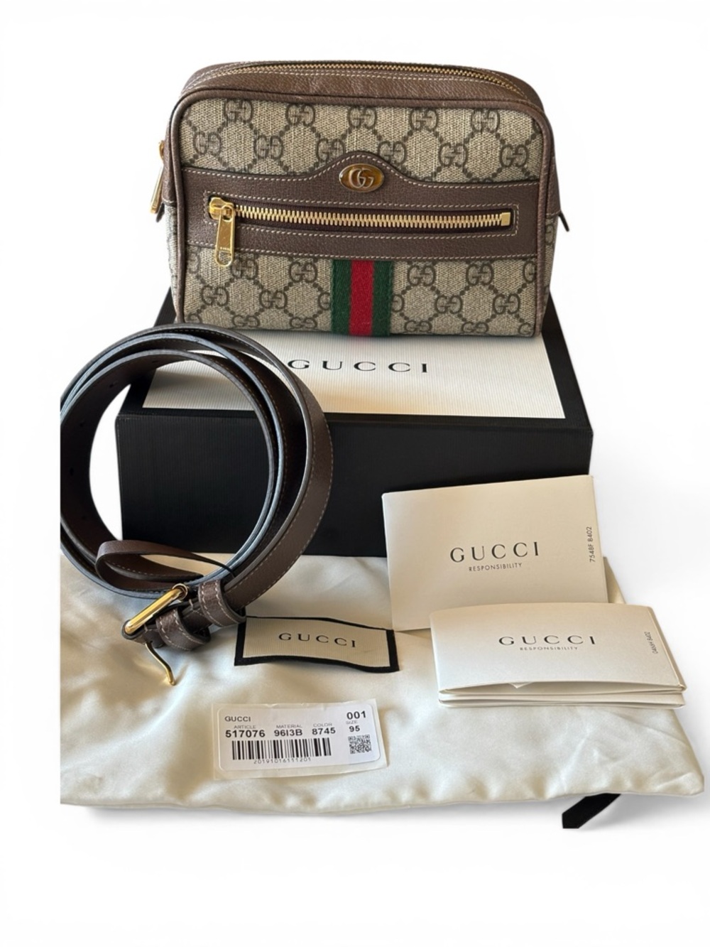 Gucci Beige GG Supreme Canvas small belt bag with Brown Trim and Green-Red Web